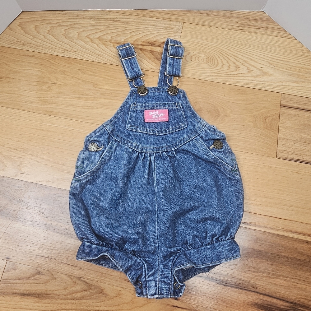 Vtg Oshkosh Baby B’Gosh Girls Blue Jean Bib Overall‎ Romper Size 18mos Pleated